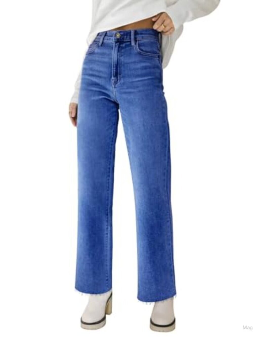 High Waisted Straight Leg Jeans for Women - Stretchy Raw Hem, Frayed Baggy